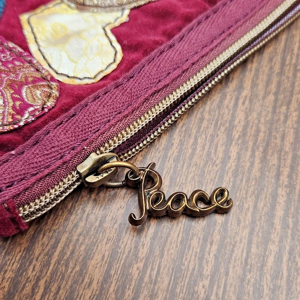 Lucky Brand Burgundy Velvet Heart Clutch Purse Peace Charm Boho Patchwork Zip